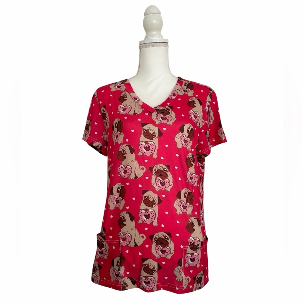 Magenta Pug Dog and Heart Donut Print Nursing Medical Scrub Top Women’s Medium